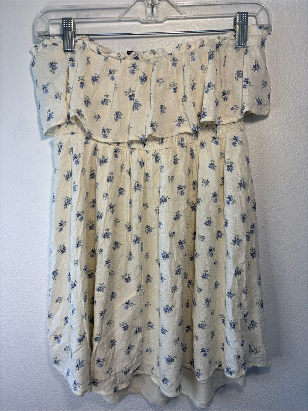American Eagle Outfitters Cream strapless Dress with Blue Floral Print